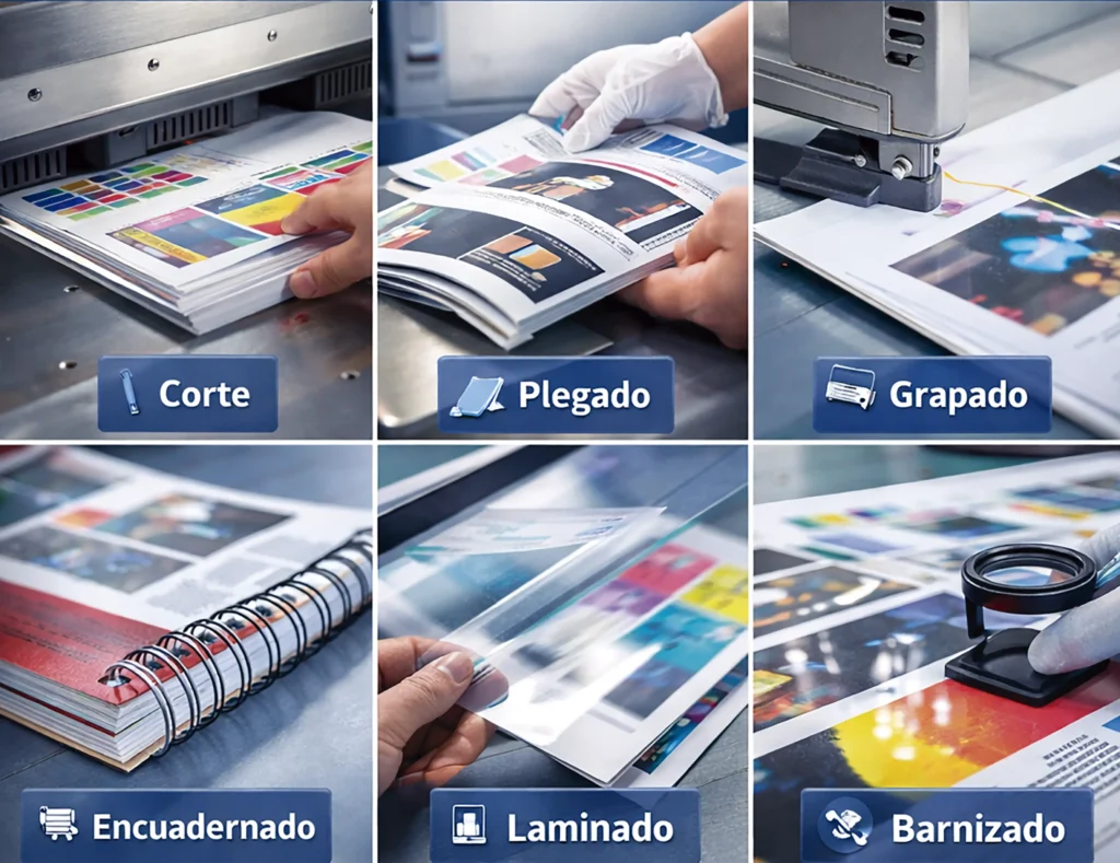 Procesos de acabado en imprenta: corte, plegado, grapado, encuadernado, laminado y barnizado